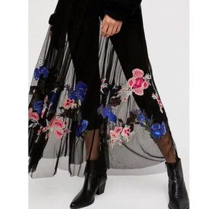 Free People Black Maxi Skirt with Floral Embroidery